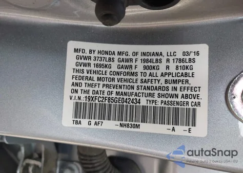 2016 Honda Civic Ex z USA, uszkodzony, nr VIN 19XFC2F85GE042434